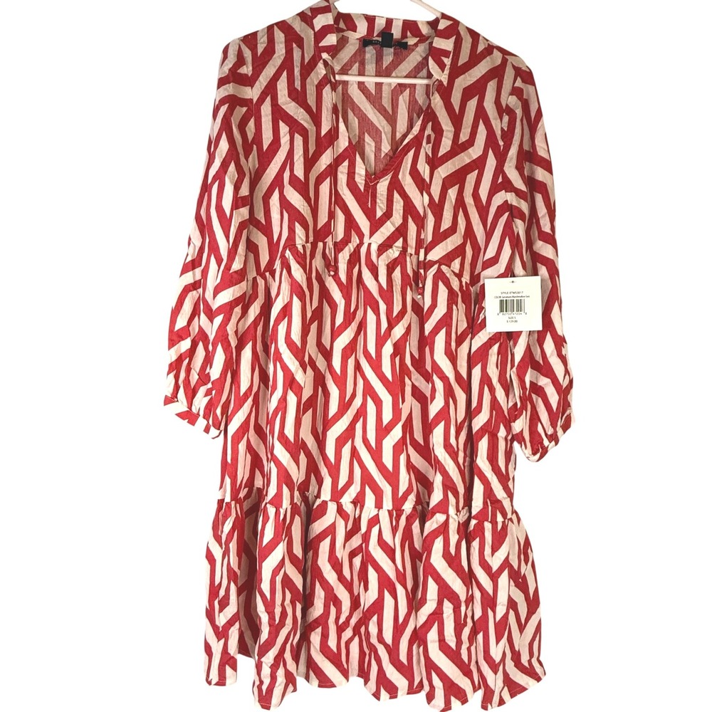 Ellen‎ Tracy Tiered Mini Dress Women S Red White Geo Print NWT $129